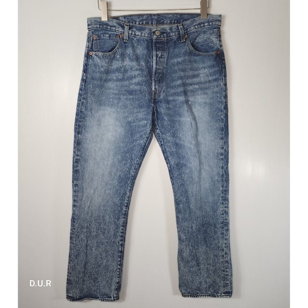 Levis 501 Jeans Mens 36x31 Blue Denim Button Fly Straight Relaxed Fit Acid Wash
